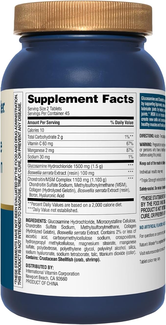 Nature's Wonder Triple Strength Glucosamine & Chondroitin with MSM and Hyaluronic Acid and Boswellia for Joint Health, Supports Joint Flexibility and Mobility, 45 Day Supply, 90 Tablets