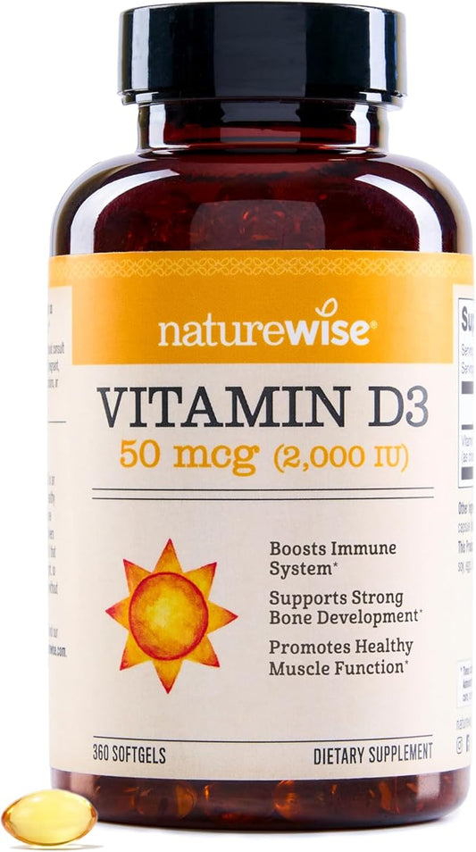 NatureWise Vitamin D3 2000iu (50 mcg) Healthy Muscle Function, and Immune Support, Non-GMO, Gluten Free in Cold-Pressed Olive Oil, Packaging Vary ( Mini Softgel), 360 Count(Pack of 1)