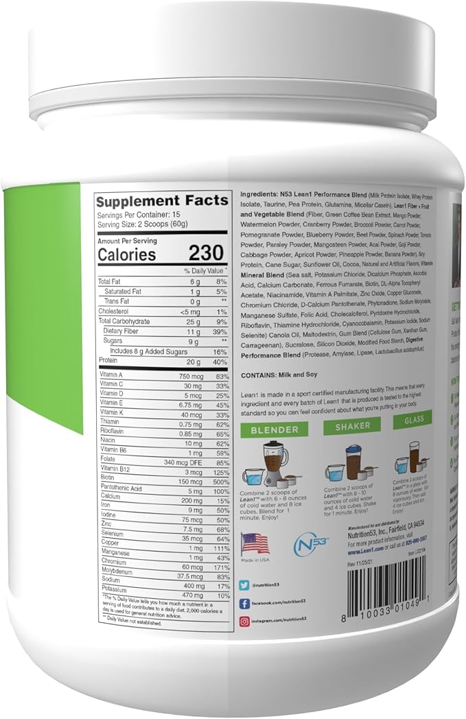 Lean1 meal replacement protein powder, chocolate flavor, 15 serving tub