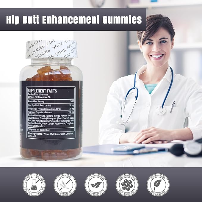 Hip Butt Enhancement Gummies, Booty Gummies for Bigger Butt, Bum Support Gummies for Women, Multivitamins, 60 Count