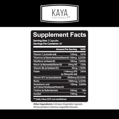 Kaya Naturals B-12 Complex | Multivitamin Supplement for Women & Men | Energy and Metabolism Booster | Vitamin Supplement with Biotin, Choline, Inositol, Folate, and Vitamin C – 60 Count