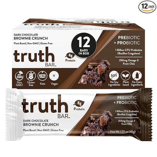 Truth Bar Prebiotic & Probiotic Keto Snack Vegan Bars with Omega-3's - Synbiotic High Fiber Snacks - Low Sugar, Kosher, Gluten Free - Dark Chocolate Brownie Crunch (Pack of 12)