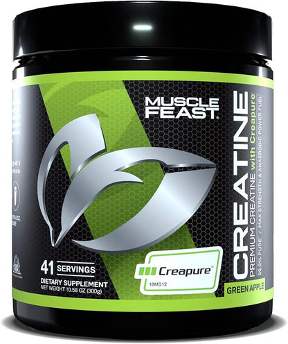 Muscle Feast Creapure Creatine Monohydrate Powder, Vegan Keto Friendly Gluten-Free Easy to Mix, Mass Gainer, Muscle Recovery Supplement and Best Creatine for Muscle Growth, Green Apple, 300g