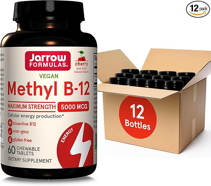 Jarrow Formulas Maximum Strength Methyl B-12 5000 mcg, Dietary Supplement for Cellular Energy Production and Brain Health Support, 60 Cherry-Flavored Chewable Tablets, 60 Day Supply, Pack of 12