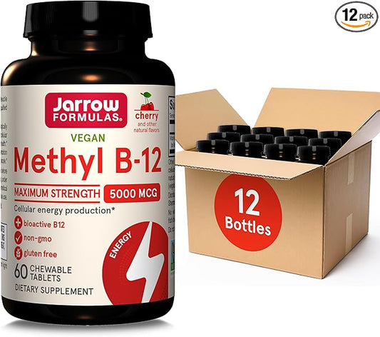 Jarrow Formulas Maximum Strength Methyl B-12 5000 mcg, Dietary Supplement for Cellular Energy Production and Brain Health Support, 60 Cherry-Flavored Chewable Tablets, 60 Day Supply, Pack of 12