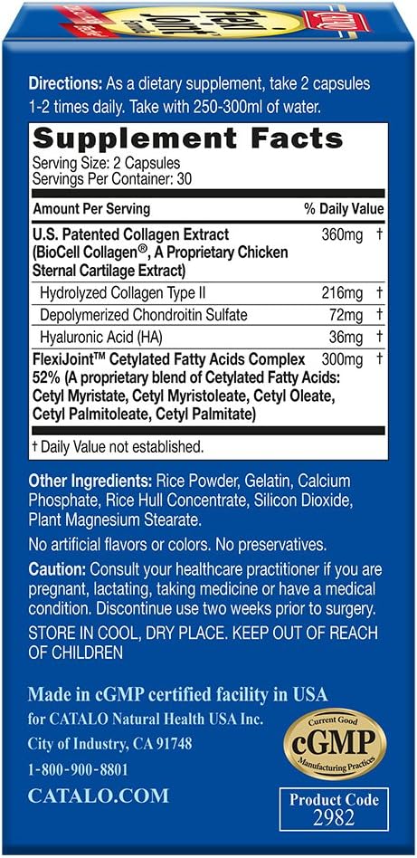 CATALO® FlexiJoint Formula, Joint and Bone Care with Hydrolyzed Collagen Type II, Chondroitin Sulfate, Hyaluronic Acid, Cetylate Fatty Acids, 60 Capsules