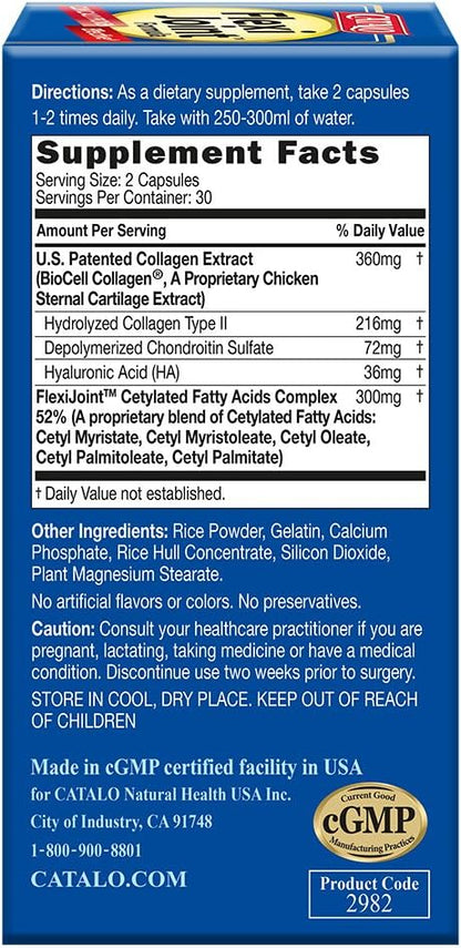 CATALO® FlexiJoint Formula, Joint and Bone Care with Hydrolyzed Collagen Type II, Chondroitin Sulfate, Hyaluronic Acid, Cetylate Fatty Acids, 60 Capsules