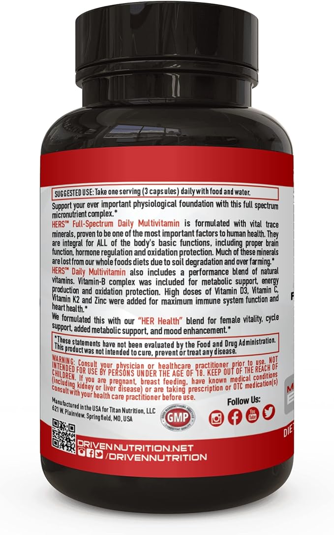 Driven Nutrition Hers Multivitamin, 90 Ct - Women's Blend of Vitamins, Minerals & Nutrients - Energy, Metabolism, Immune Support, Recovery & Brain Function - Vitamin A, E, D, C, Magnesium, Zinc & More