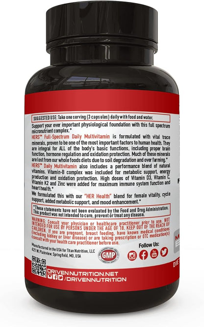Driven Nutrition Hers Multivitamin, 90 Ct - Women's Blend of Vitamins, Minerals & Nutrients - Energy, Metabolism, Immune Support, Recovery & Brain Function - Vitamin A, E, D, C, Magnesium, Zinc & More