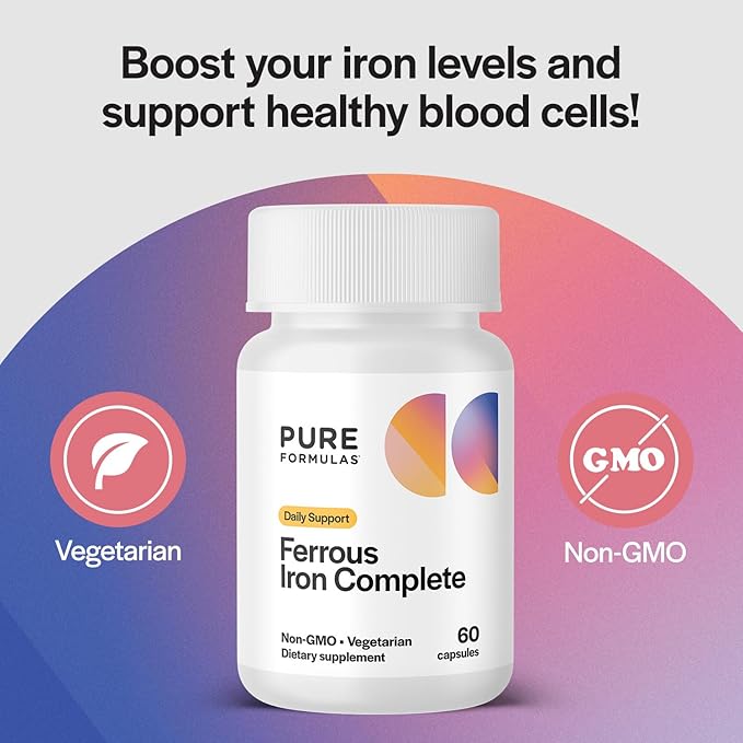 Ferrous Iron Complete: 29 mg Iron Supplement Iron with Vitamin C, Vitamin B12, B6, Thiamin and Folate Blood Support Iron Supplement for Men & Women Iron Pills Without GI Side Effects - 60 Capsules