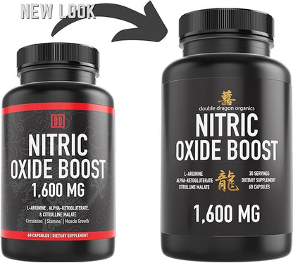 Nitric Oxide Booster Supplement, 1600mg Extra Strength L-Arginine, Citrulline Malate, and Alpha-Ketoglutarate (60 Count, 1 Bottle)