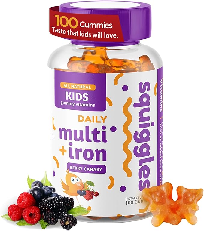 Squiggles Kids Multivitamin + Iron Gummies 100ct. | All-Natural, Low Sugar, and Super Yummy | Broad Spectrum of Vitamins and Minerals with a Boost of Iron.