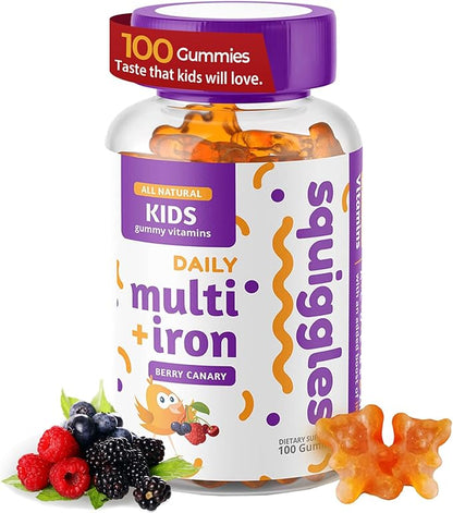 Squiggles Kids Multivitamin + Iron Gummies 100ct. | All-Natural, Low Sugar, and Super Yummy | Broad Spectrum of Vitamins and Minerals with a Boost of Iron.