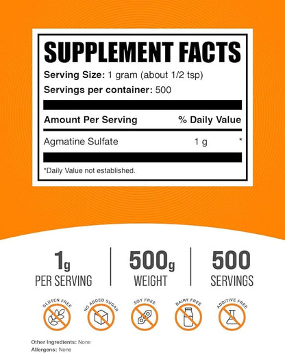 BulkSupplements.com Agmatine Sulfate Powder - Nitric Oxide Supplement, Agmatine Sulfate 1000mg - Unflavored & Gluten Free, 1000mg per Serving, 500g (1.1 lbs) (Pack of 1)