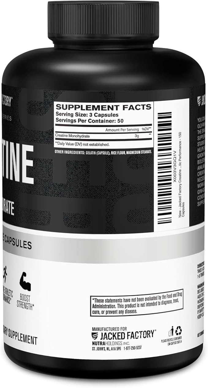 Jacked Factory Creatine Monohydrate Capsules - Creatine Supplement for Muscle Growth, Increased Strength, Enhanced Energy Output and Improved Athletic Performance - 150 Capsules