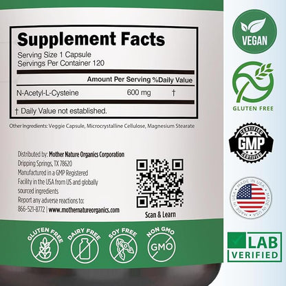 Mother Nature N-Acetyl-L-Cysteine, NAC 600 mg for Glutathione Production – Potent Antioxidant for Liver & Immune Support, Respiratory and Heart Health, 120 Capsules