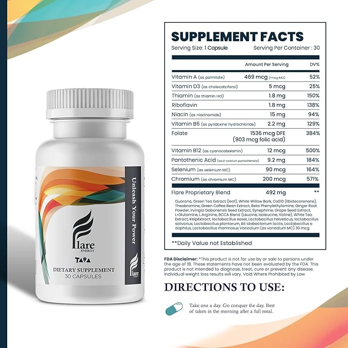 TAVA Energy Supplements, 30 Capsules. Ramp up Your Day Flare Energy Supplement Increase Muscle Growth - Vitamin Supplements to Help Maintain Focus and Mental Energy.
