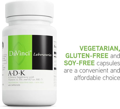 DAVINCI Labs ADK - Helps Support Bone, Heart & Immune Health* - Dietary Supplement with Vitamins A, D3 & K2 (as MK-7) - Vegetarian, Gluten Free & Soy Free - 60 Capsules