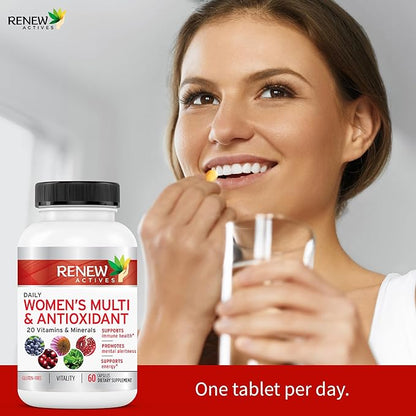 Renew Actives Women's Multi-Vitamin & Antioxidant: Daily Health Supplement - 22 Vitamins & Minerals for Energy and Mental Alertness - 60 Capsules