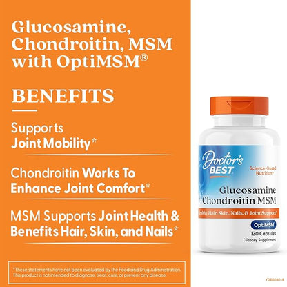 Doctor's Best Glucosamine Chondroitin Msm with OptiMSM Capsules, Supports Healthy Joint Structure, Function & Comfort, Non-GMO, Gluten Free, Soy Free, 120 Count (Pack of 1)