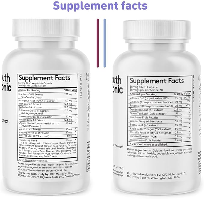 Youth & Tonic Daily Water Retention Pills for Kidney Cleanse Swelling and Excess Body Fluids & Metabolic Waste / 30 + 30 Capsules