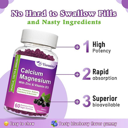 High Absorption Calcium Magnesium Zinc Gummies, Calcium Magnesium Supplement with Potassium Vitamin D3 for Bone & Teeth Strength, Muscle Function - Blueberry Flavor 60 Cts