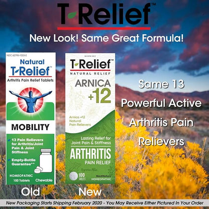 T-Relief Extra Strength Arthritis Pain Reliever Arnica +12 Natural Medicines for Joint Soreness Stiffness Aches, Quick Dissolving Pain Relief for Women & Men - 100 Tablets (Pack of 3)