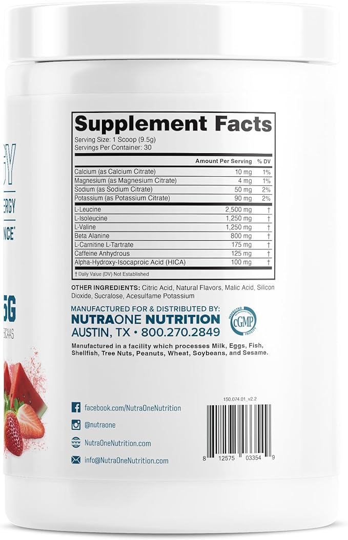 NutraOne Amino Energy BCAA Powder Pre-Workout Supplement with Caffeine Branched Chain Amino Acids to Help Fuel and Recover* (Strawberry Watermelon - 30 Servings)