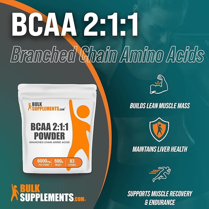 BulkSupplements.com BCAA 2:1:1 Powder - Branched Chain Amino Acids, BCAA Supplement, BCAAs Amino Acids Powder - Unflavored & Gluten Free, 1000mg per Serving, 500g (1.1 lbs) (Pack of 1)