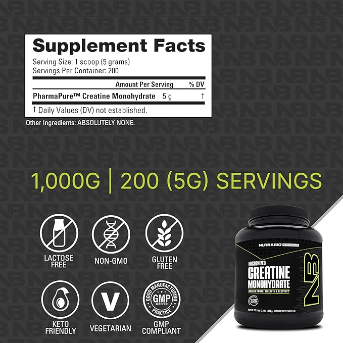 NutraBio Pure Creatine Monohydrate Powder Supplement, Unflavored, (1000 g) - Supports Bulk Muscle Energy, Recovery, and Strength - HPLC Tested Pure Grade Creatine Powder Supplement for Men and Women
