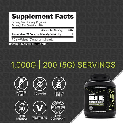NutraBio Pure Creatine Monohydrate Powder Supplement, Unflavored, (1000 g) - Supports Bulk Muscle Energy, Recovery, and Strength - HPLC Tested Pure Grade Creatine Powder Supplement for Men and Women