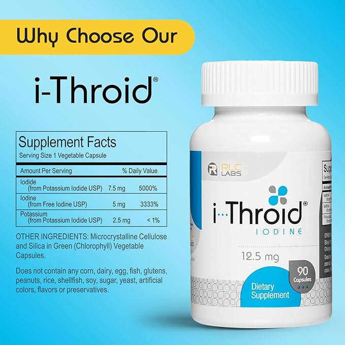 RLC, i-Throid 12.5 mg, Iodine and Iodide Supplement to Support Thyroid Health and Hormone Balance, 90 capsules (90 servings)