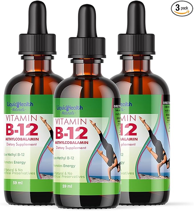 LIQUIDHEALTH Vitamin B12 Methylcobalamin Liquid Drops with Sublingual Hydroxocobalamin - Boost Energy, Support Immune System, Improve Memory & Concentration - Vegan, Sugar Free, Non-GMO (3pack)