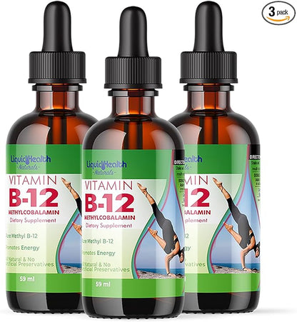 LIQUIDHEALTH Vitamin B12 Methylcobalamin Liquid Drops with Sublingual Hydroxocobalamin - Boost Energy, Support Immune System, Improve Memory & Concentration - Vegan, Sugar Free, Non-GMO (3pack)
