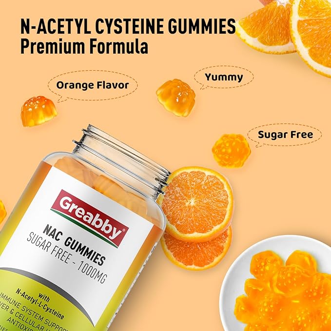 NAC Gummies Sugar Free, N Acetyl Cysteine NAC Supplement 1000mg for Antioxidants, Lung & Liver Health, Immune Support, Vegan Orange Flavor,60ct