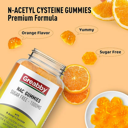 NAC Gummies Sugar Free, N Acetyl Cysteine NAC Supplement 1000mg for Antioxidants, Lung & Liver Health, Immune Support, Vegan Orange Flavor,60ct