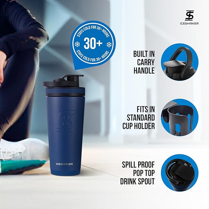 Ice Shaker Insulated Stainless Steel Shaker Bottle | 26oz, Navy | Cold for 30+ Hours | Insulated Cup with Twist-on Agitator | Odor-Free Shaker Cup for Protein Shakes, Water, Smoothies, Cocktails