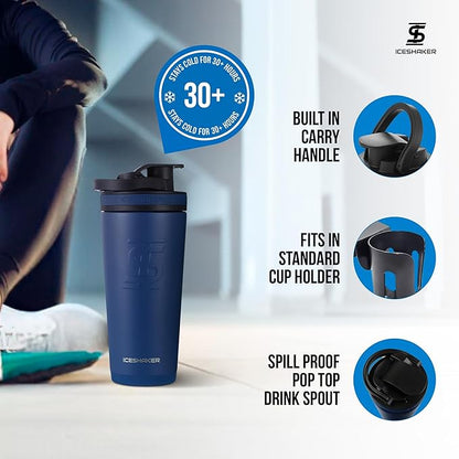 Ice Shaker Insulated Stainless Steel Shaker Bottle | 26oz, Navy | Cold for 30+ Hours | Insulated Cup with Twist-on Agitator | Odor-Free Shaker Cup for Protein Shakes, Water, Smoothies, Cocktails