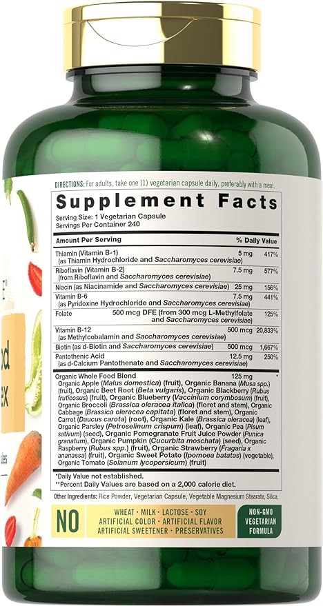 Carlyle B Complex with Whole Food Blend Formula | 240 Capsules | Plus L-Methylfolate | Non-GMO & Vegetarian Supplement