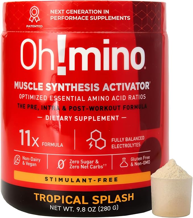 Oh!mino Amino Acid Energy Blend - Sugar-and-Stimulant-Free, Pre-Post Workout Powder, BCAA Amino Acids, Workout Recovery Drink, Muscle Synthesis Activator, Tropical Splash, 280 g, 40 Servings