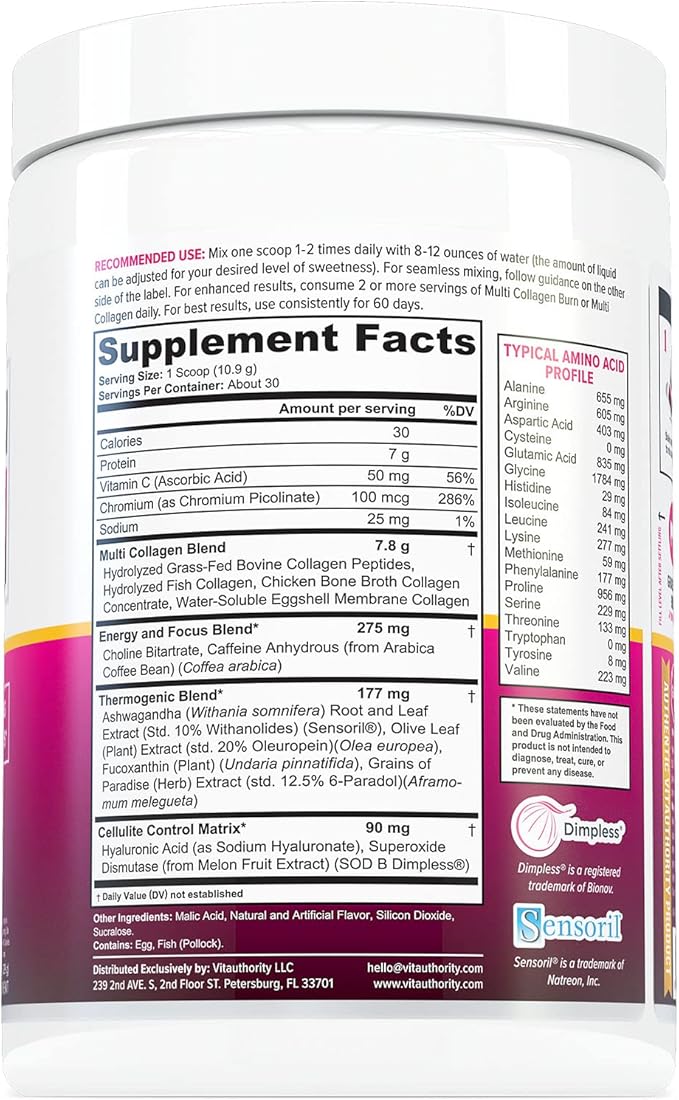 Multi Collagen Burn: Multi-Type Hydrolyzed Protein Peptides with Hyaluronic Acid, Vitamin C, SOD B Dimpless, Types I, II, III, V and X Collagen, with Caffeine