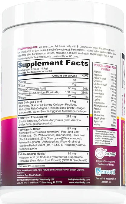 Multi Collagen Burn: Multi-Type Hydrolyzed Protein Peptides with Hyaluronic Acid, Vitamin C, SOD B Dimpless, Types I, II, III, V and X Collagen, with Caffeine