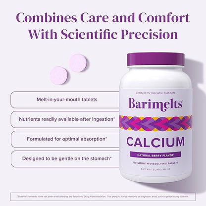 Barimelts Calcium Citrate with Vitamin D3 & Magnesium - 120 Smooth-Dissolving Tablets (1-Month Supply) - Bariatric Calcium Supplements for Women, Natural Berry Flavor