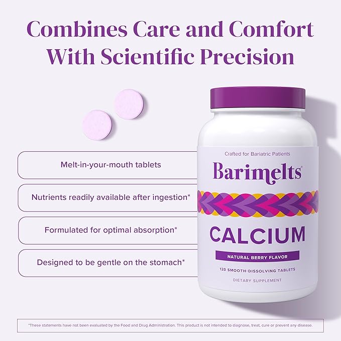 Barimelts Calcium Citrate with Vitamin D3 & Magnesium - 120 Smooth-Dissolving Tablets (1-Month Supply) - Bariatric Calcium Supplements for Women, Natural Berry Flavor