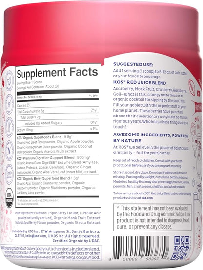KOS Reds Superfood Powder for Antioxidants - USDA Certified Organic Beet Root, Goji Berries, Acai, Pomegranate, Coconut Water & Digestion Enzymes- Goji Berry Popsicle Flavor Juice Mix - 28 Servings