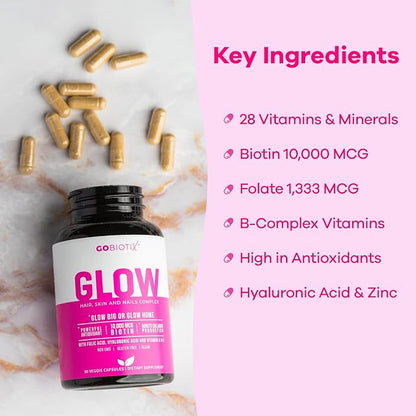 Glow Vitamins - Hair Skin and Nails Multivitamin Supplement - 10,000mcg Biotin Pills with Hyaluronic Acid, Folate, Iron, Magnesium, and Zinc - Boosts Collagen Production, Hair Growth, 90 Capsules