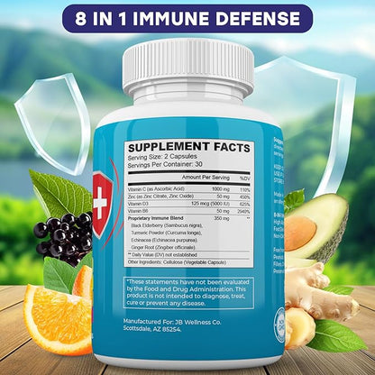 Immune Support 8 in 1 Capsules - Zinc Supplement, Vitamin D3 5000 IU, Vitamin C 1000MG and Elderberry - Immune Booster Ginger Root, and Turmeric - [2-Pack]