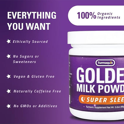 Turmaquik Organic Golden Moon Milk Turmeric Powder Mix, Super Sleep + Superfood Blend of Melatonin, Valerian, Chamomile, Lemon Balm, Ginger, Black Pepper, Curcumin, Cinnamon, Cardamom (3.2 Ounce)