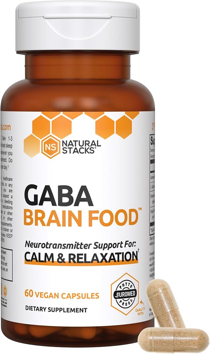 NATURAL STACKS GABA Supplement - L-Citrulline & Grape Seed Extract - Deep Relaxation and Calm - Night Time Aid - Promotes Healthy Production of GABA (Gamma-Aminobutyric Acid) - 60 Capsules