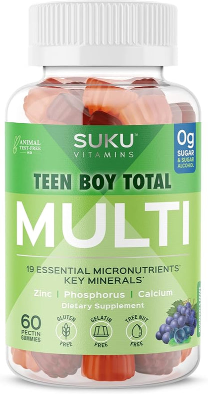 Teen Boy Multivitamin – Sugar Free Vegetarian Gummy Supplement for Teen Boys 19 Essential Nutrients Strengthens Bones Muscles Enhances Energy Health – Blueberry Grape Flavor (60 Count)